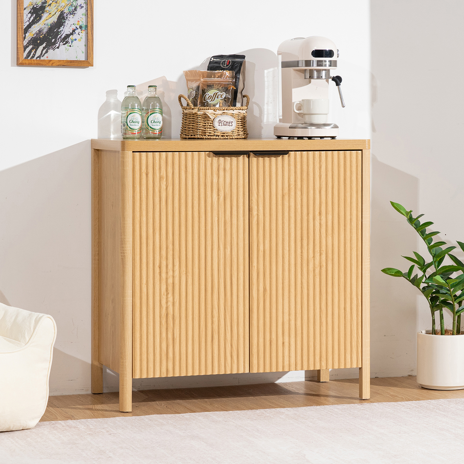Hommpa Kitchen Sideboard with Storage 2 Fluted Doors \u0026 Adjustable Shelf Boho Accent Storage Cabinet for Dining Room Coffee Bar Buffet Table Living Room Entryway TV Console
